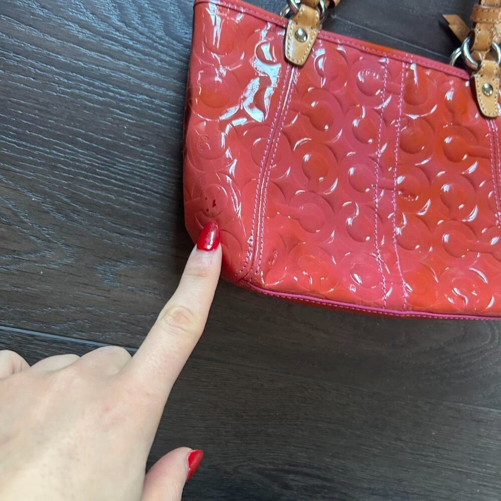 Coach Peyton Signature Embossed Patent Leather mini Tote. vibrant coral glossy - Picture 2 of 8